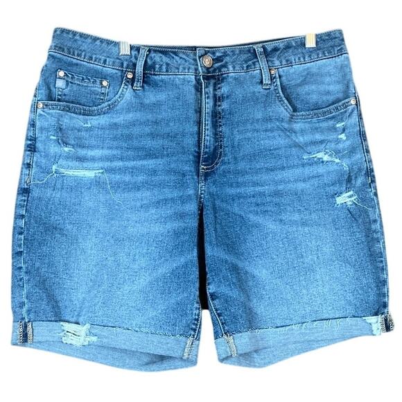 Seven7 Womens Shorts Blue Denim Relaxed Bermuda Cuffed Distressed Stretch 12 - Picture 1 of 11
